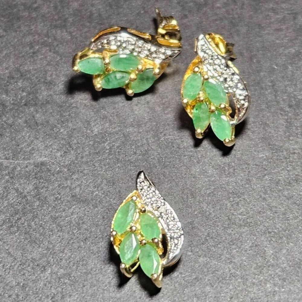 Gold vermeil emerald and diamond earring and pendant set